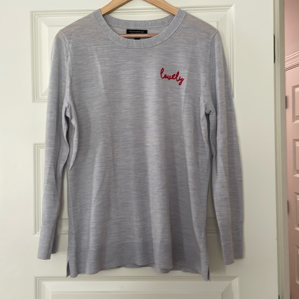 Banana Republic fine merino wool sweater embroidered with the word Lovely in red